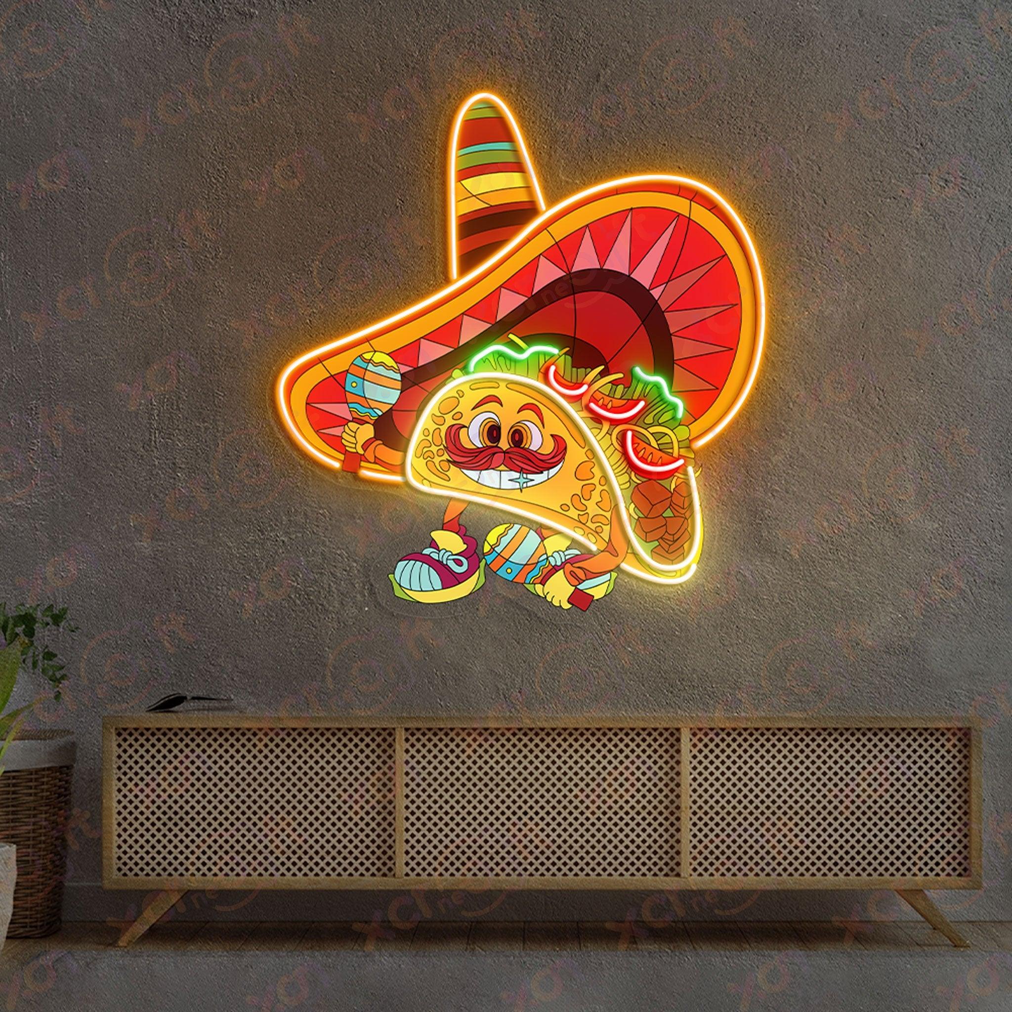 UV neon taco sign, colorful wall art.