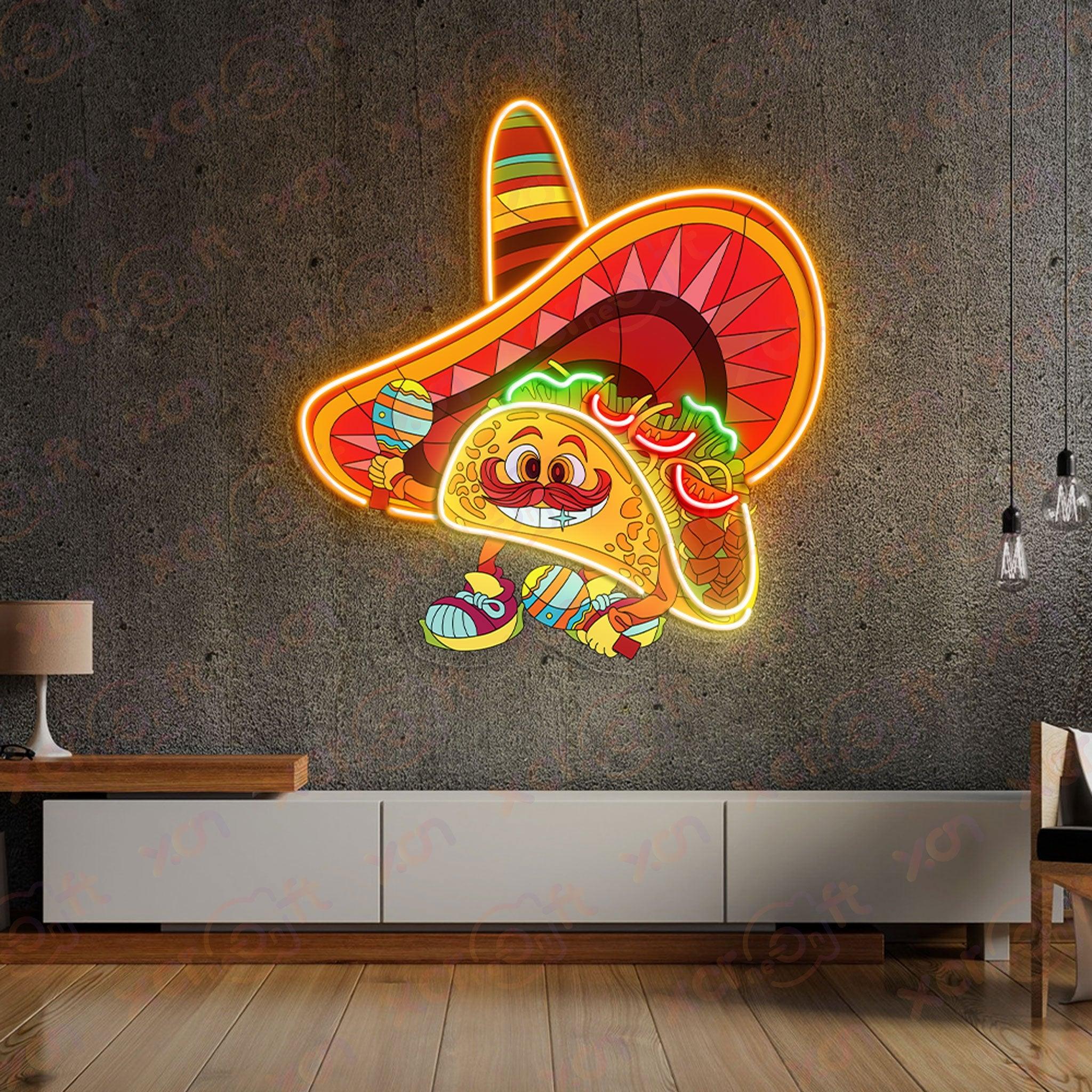 High-quality neon sign, funny taco character