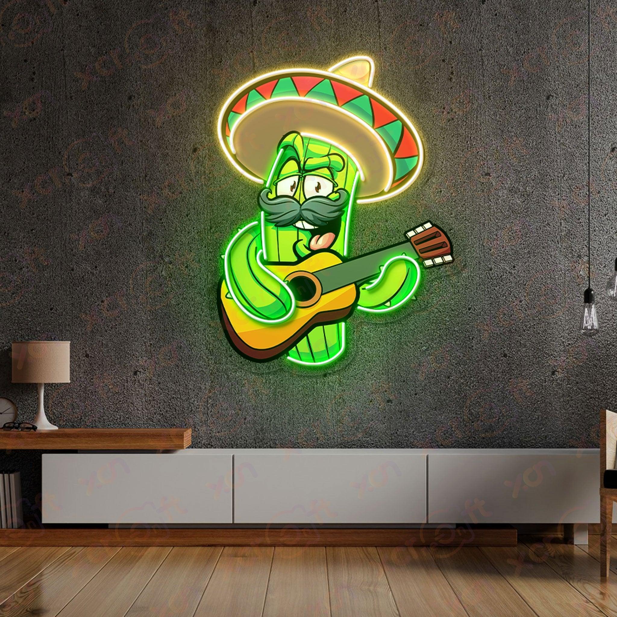 UV neon mariachi cactus, colorful wall art.