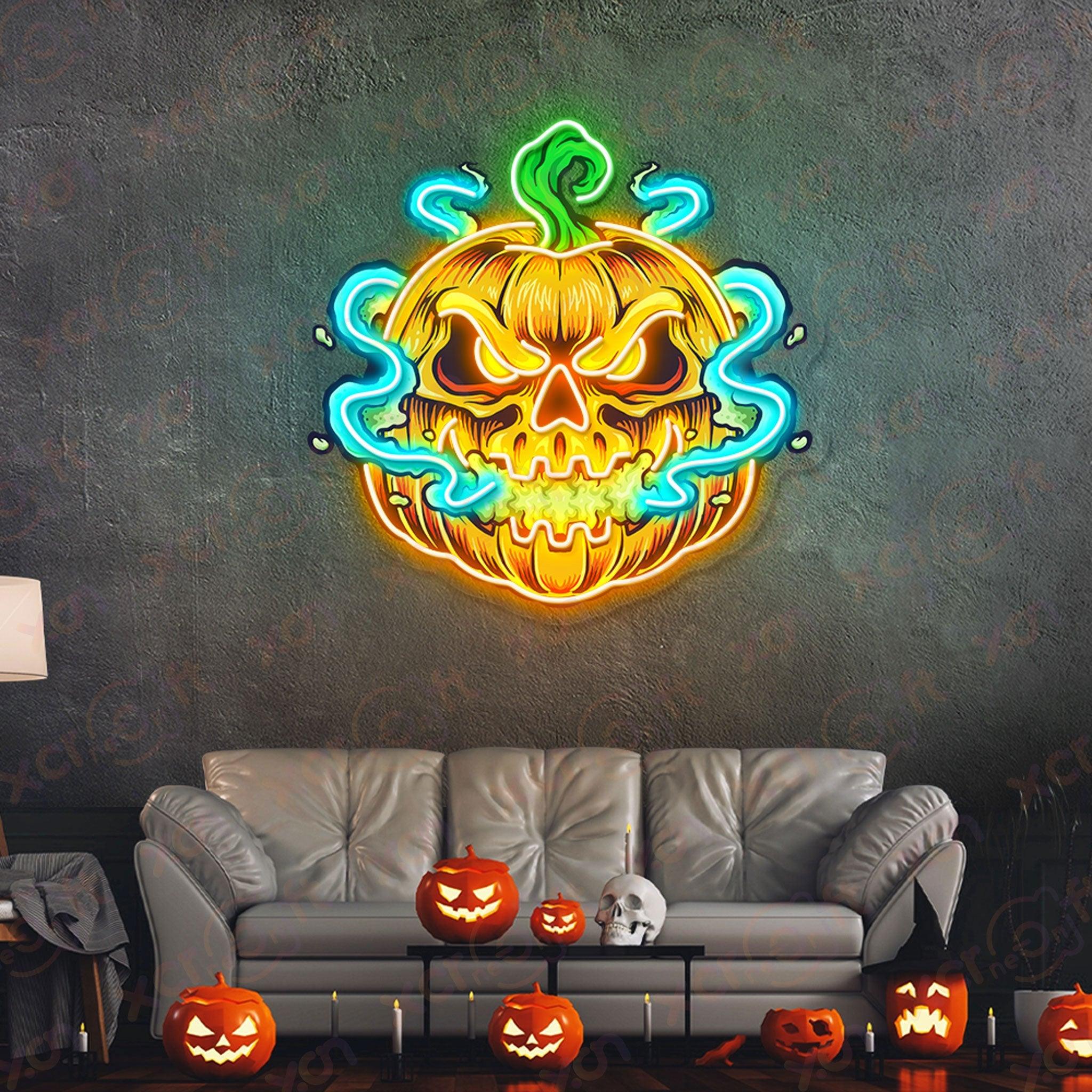 UV neon Halloween pumpkin, spooky wall art.