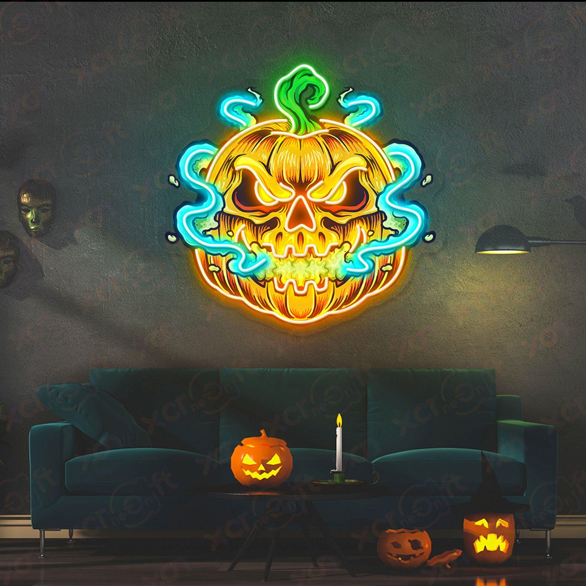 High-quality neon sign, spooky pumpkin face.