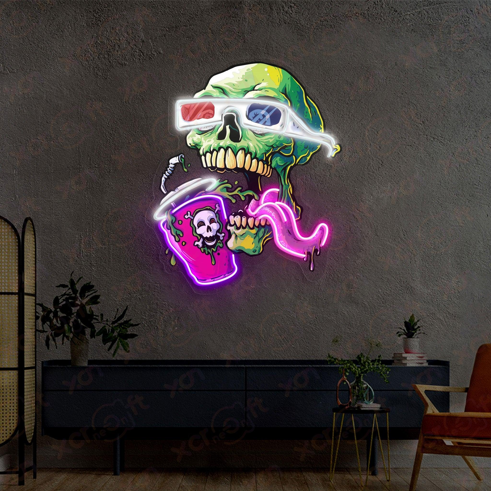 UV neon sign green skull in 3D glasses sipping drink