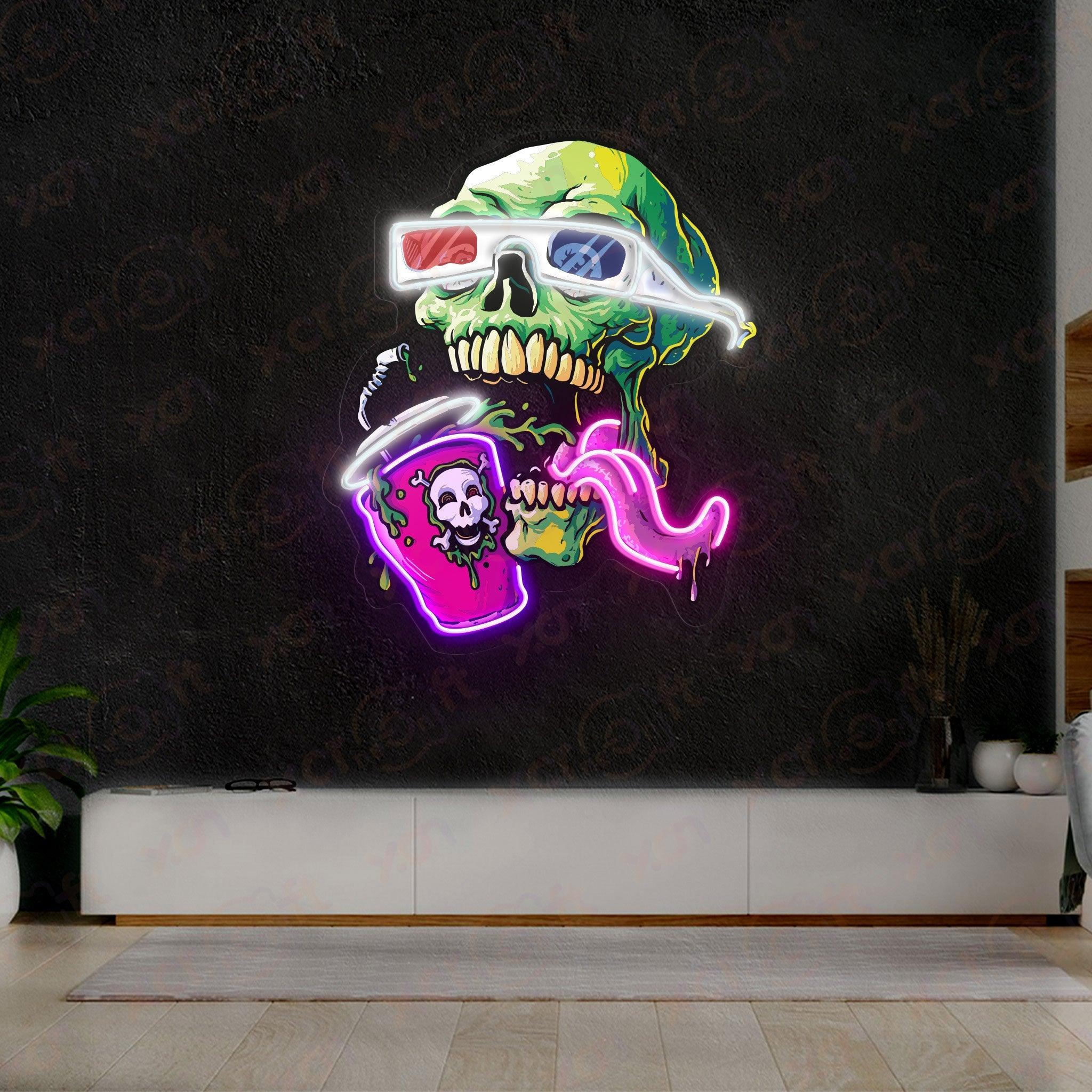 Custom LED neon sign vibrant skull enjoying a colorful beverage