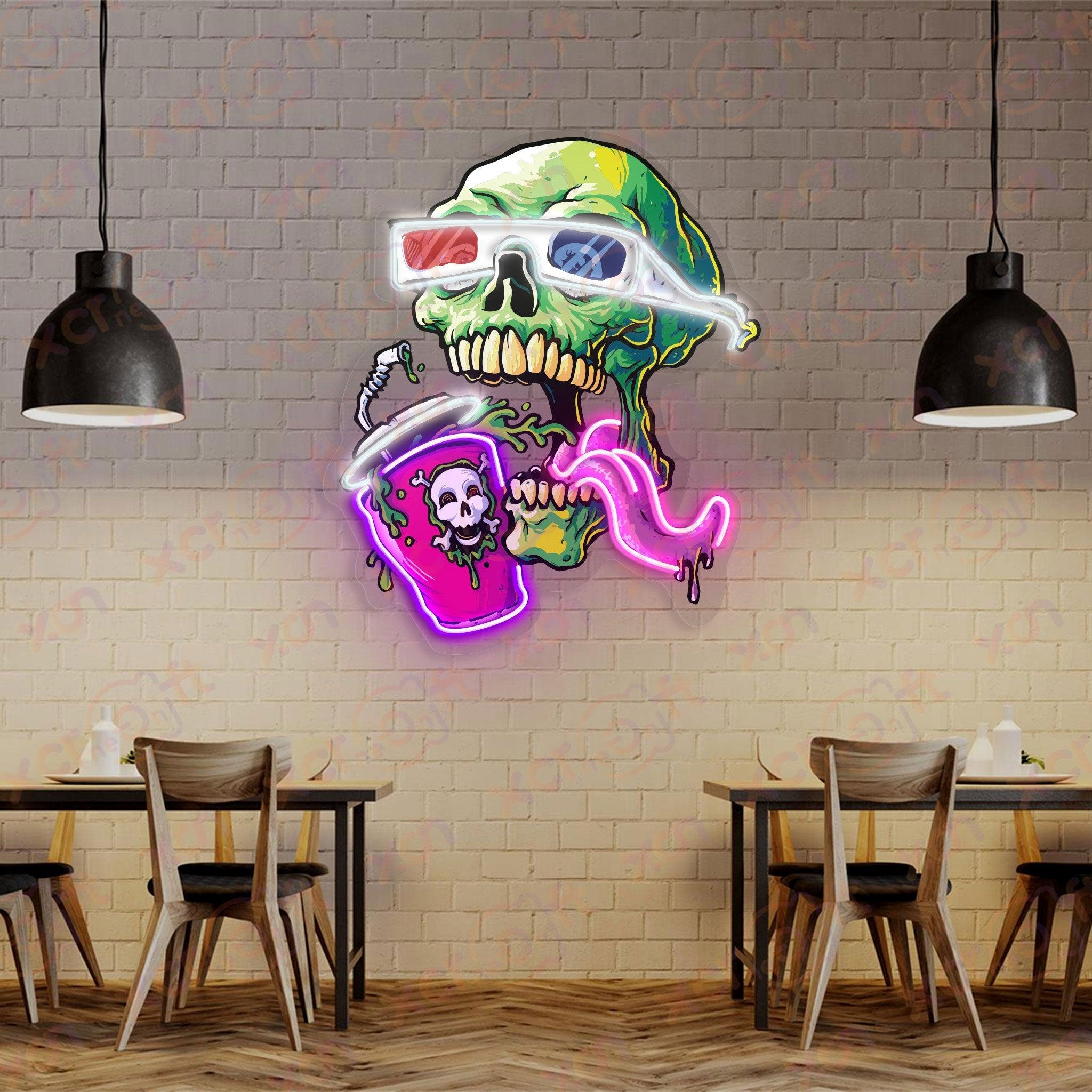 Neon wall art spooky skull with soda perfect for Halloween