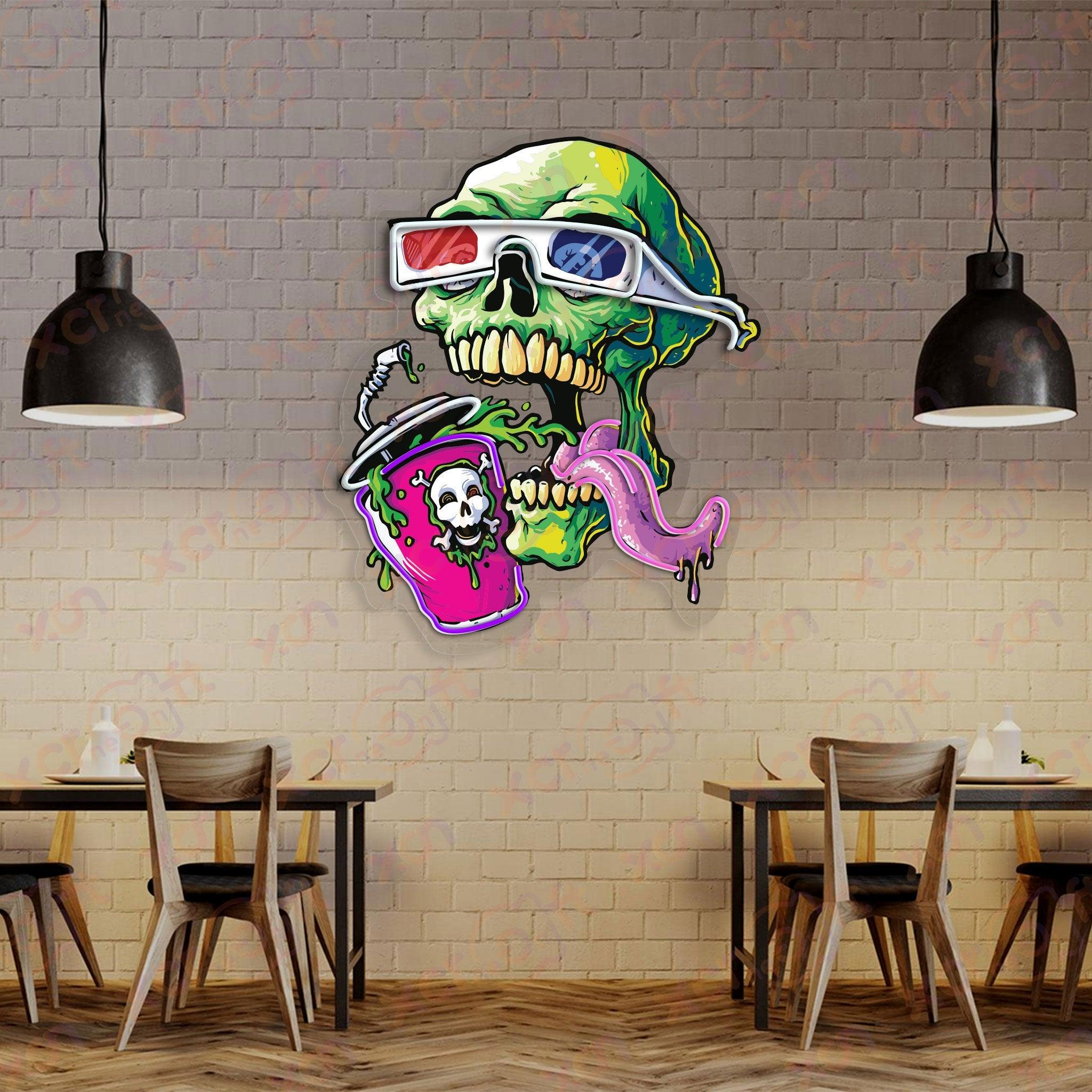 UV printed neon sign detailed skull artwork with glowing drink