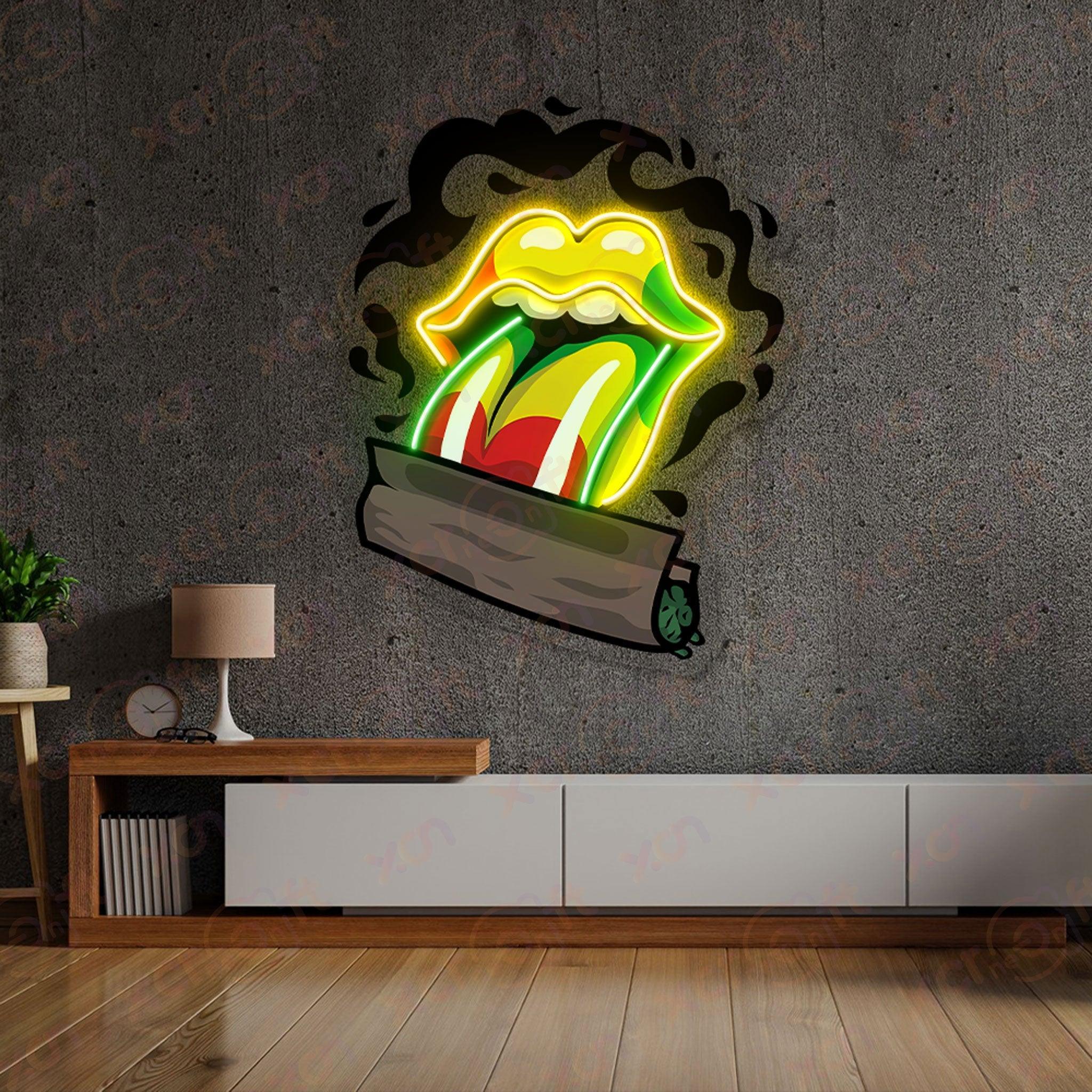 Custom neon sign Rolling Stones-inspired cannabis art.