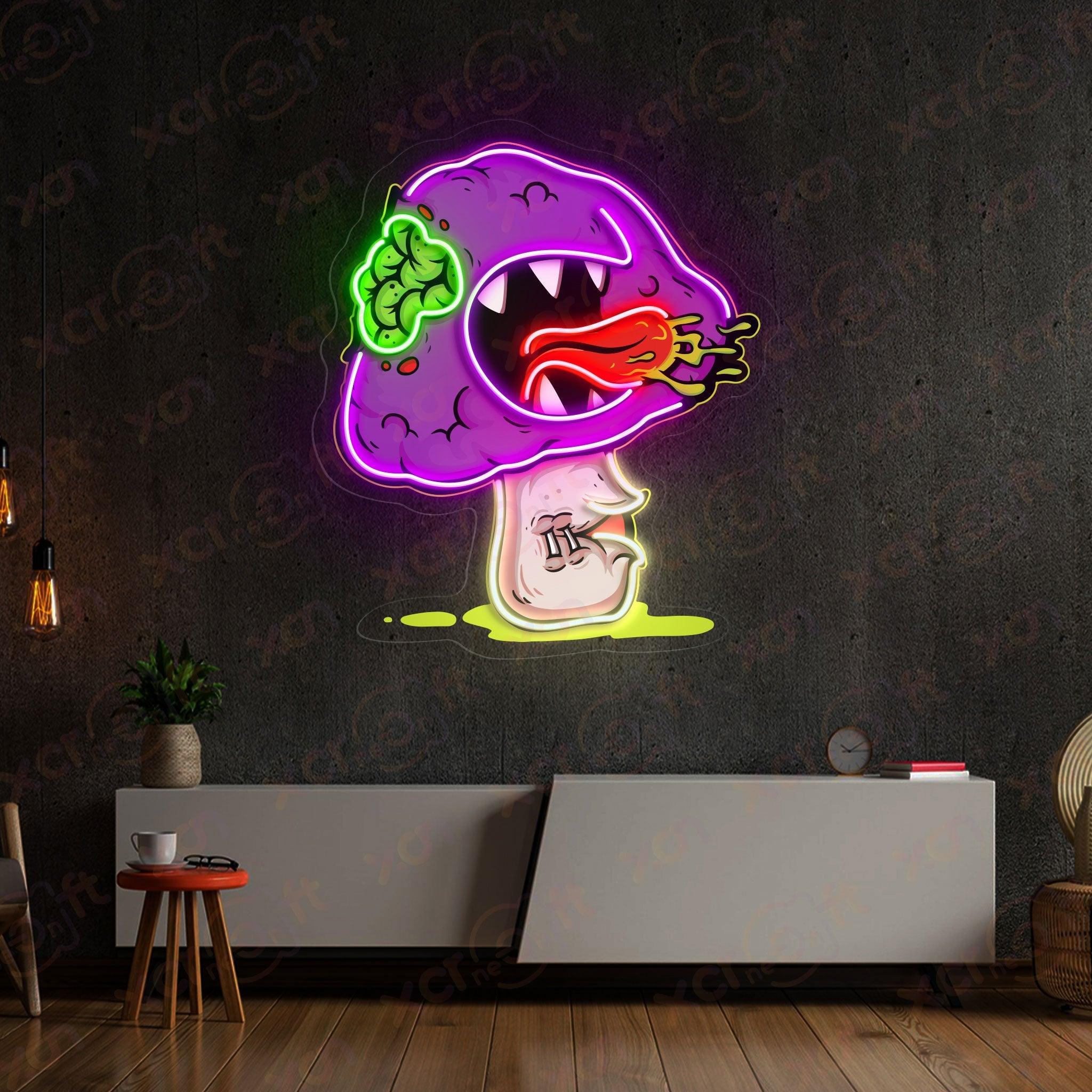 UV neon sign trippy mushroom monster with exposed brain