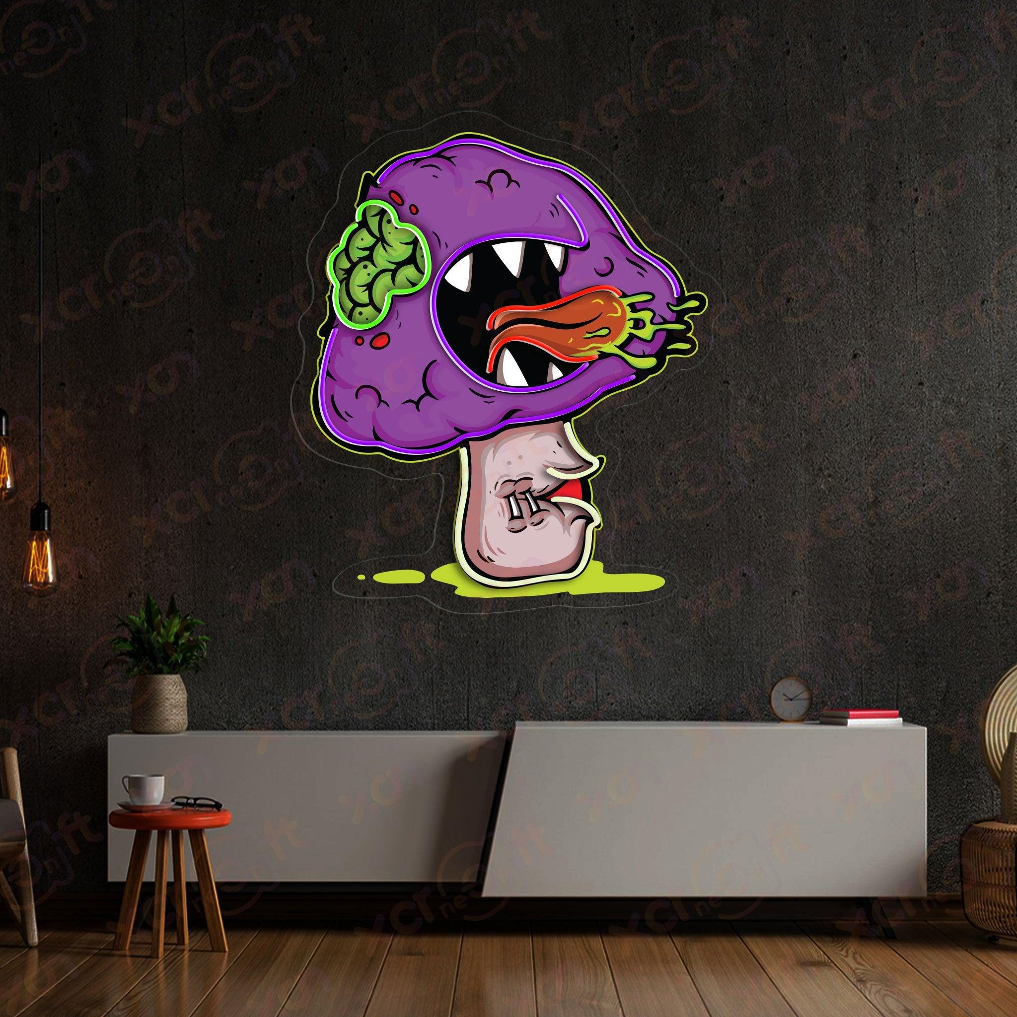 Neon wall art funky zombie mushroom with dripping goo