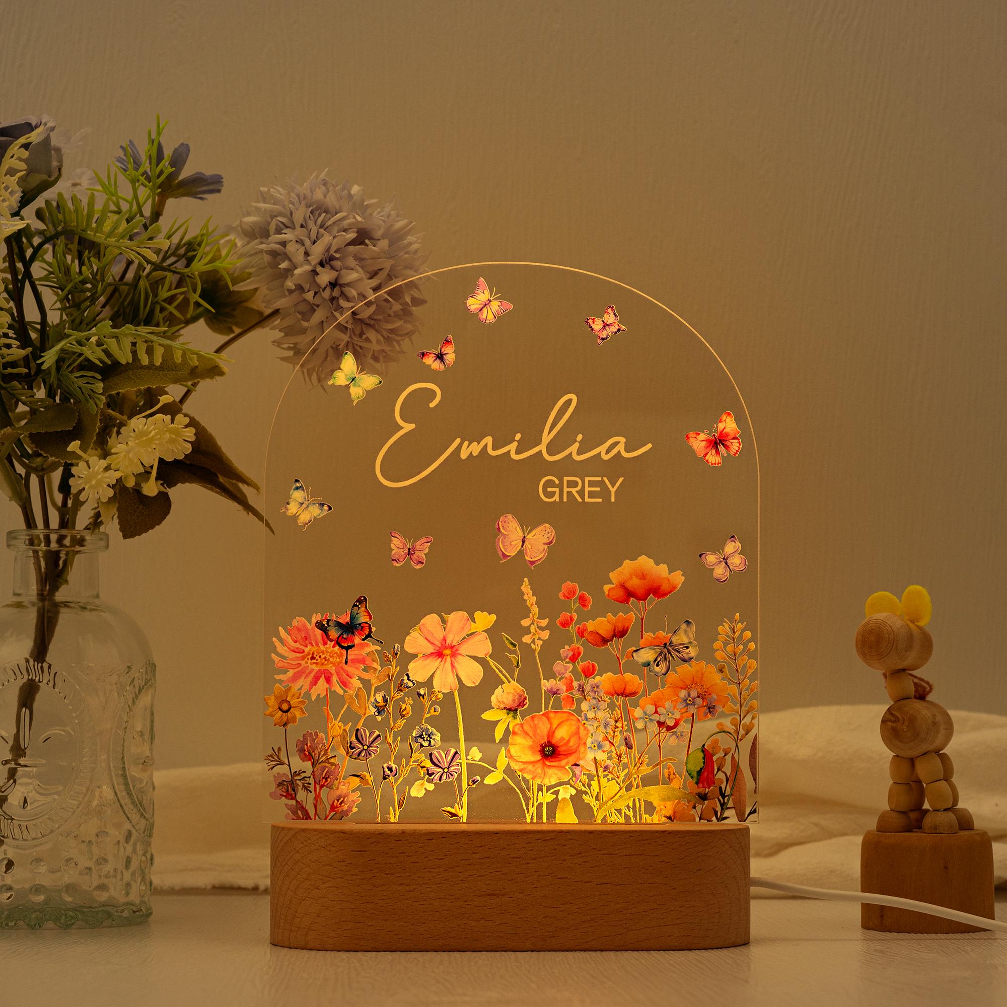 Custom Floral Butterfly Name Night Light