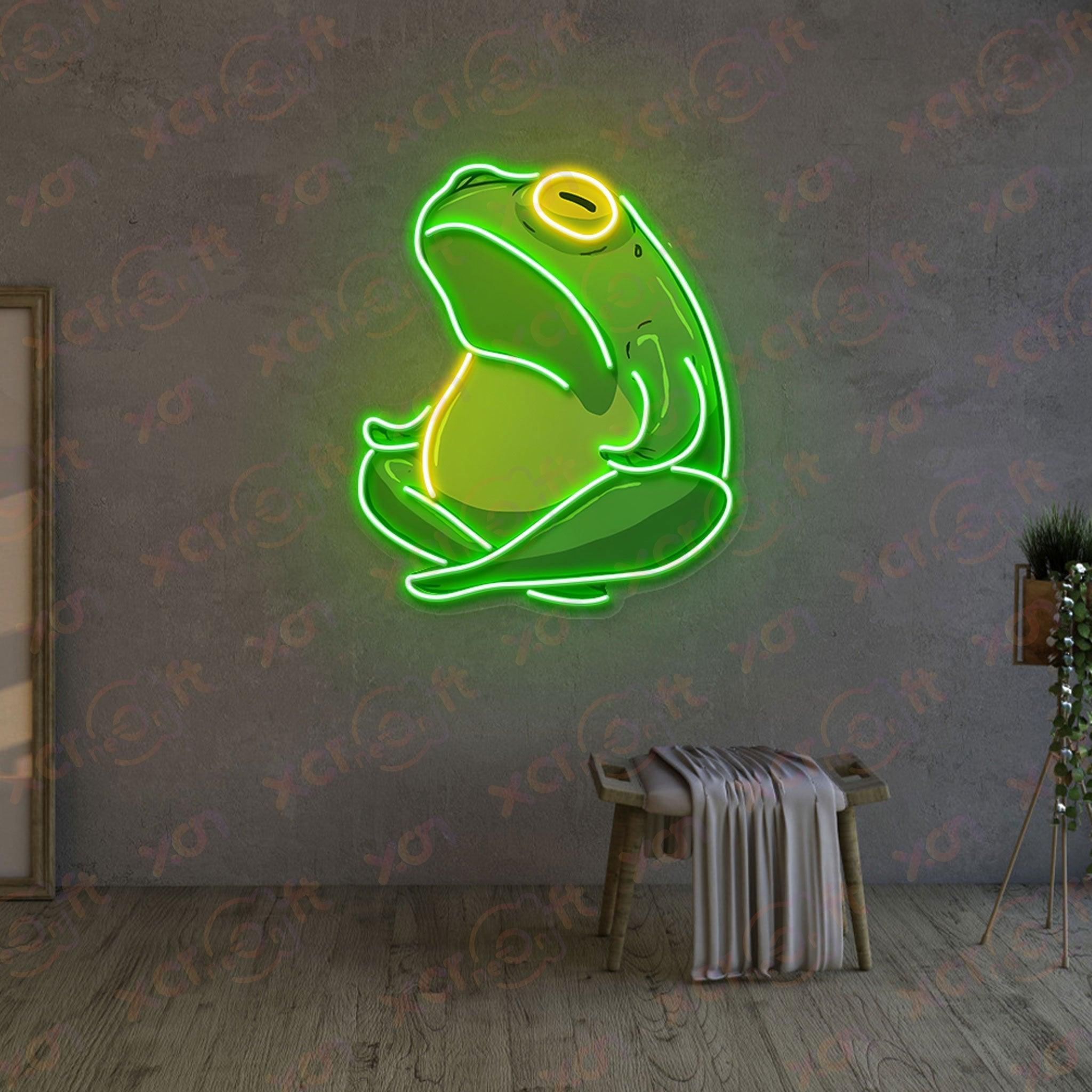 UV neon sign meditating green frog with yellow eye