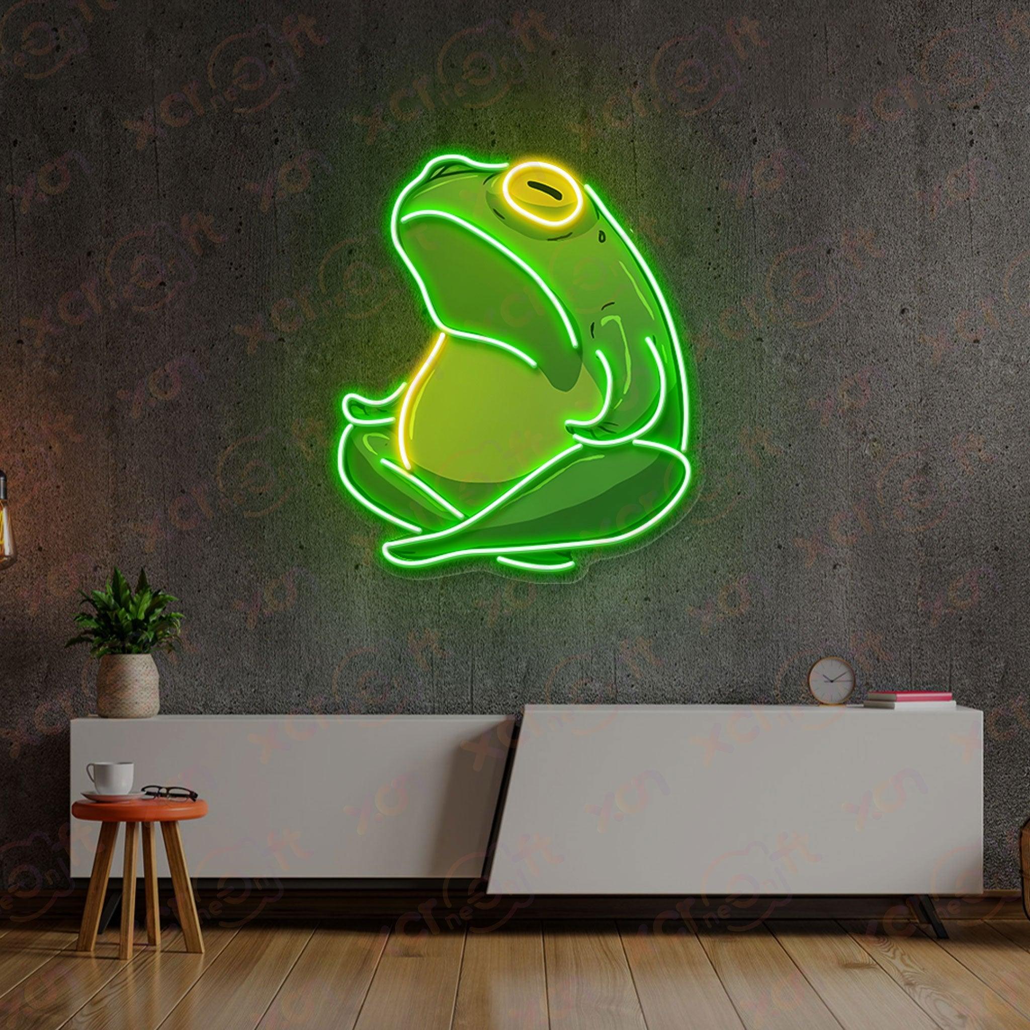 Neon light zen frog with crossed legs and glowing eye