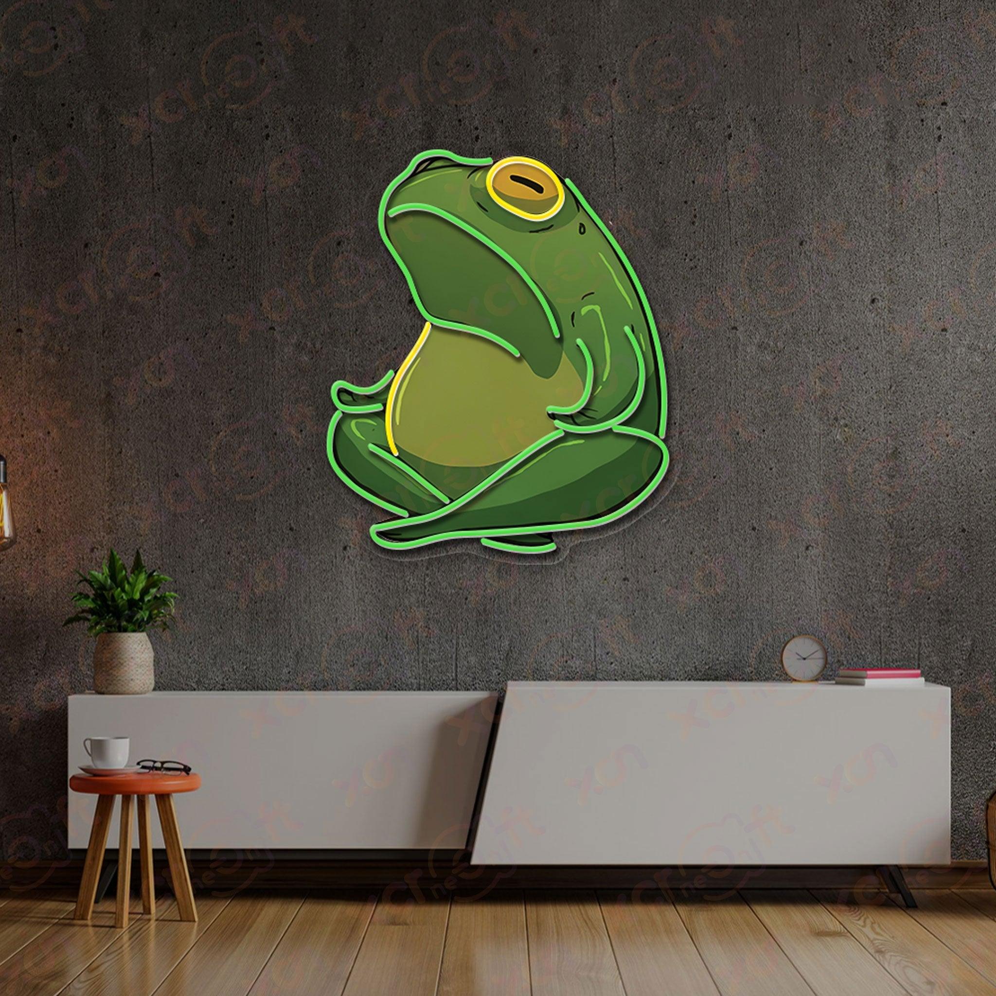 Neon wall art whimsical green frog with peaceful expression