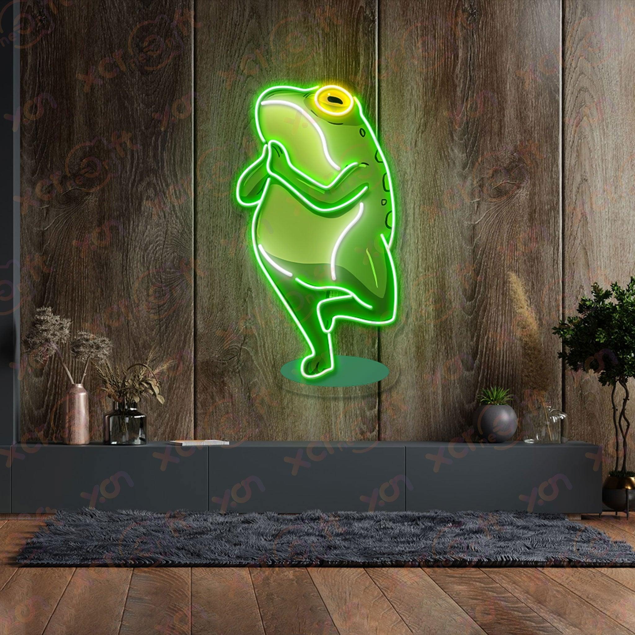 UV neon sign meditating green frog with yellow eye.