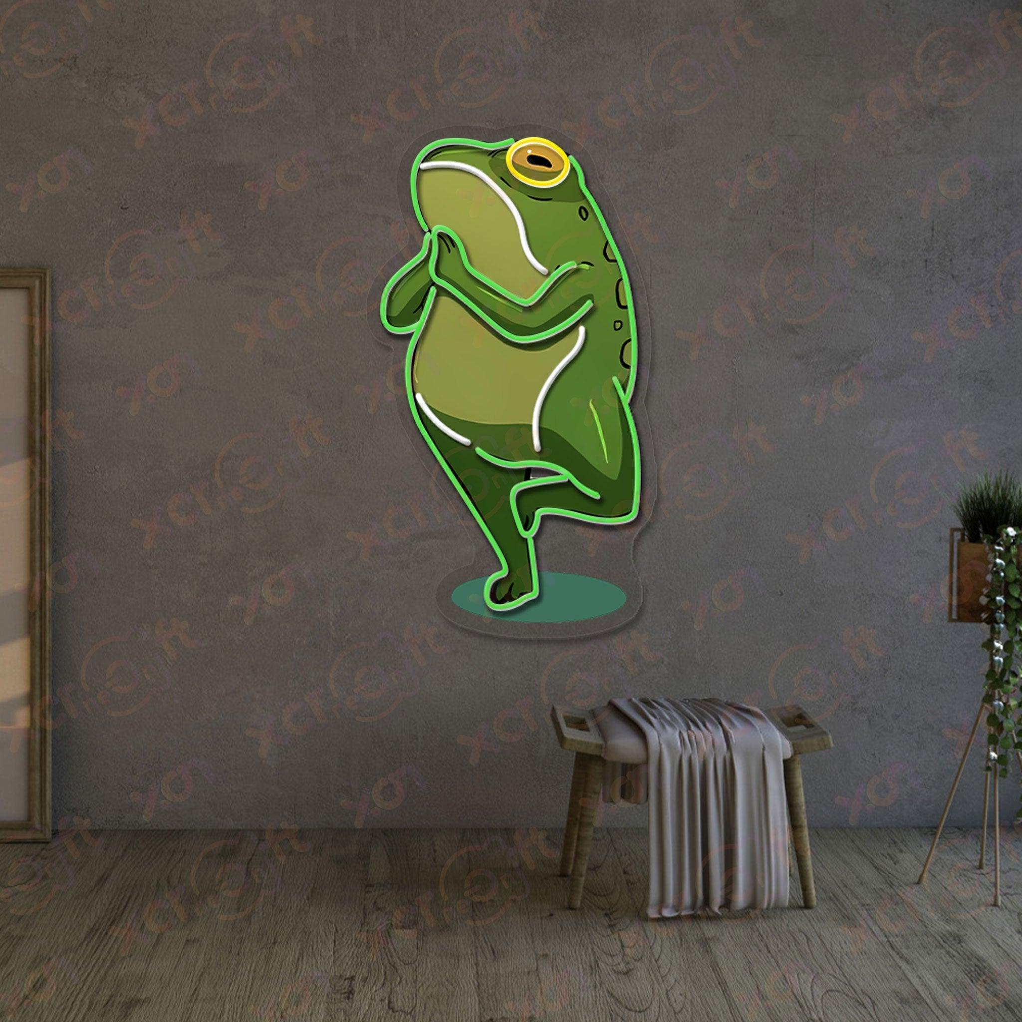 Neon wall art whimsical green frog with peaceful expression.