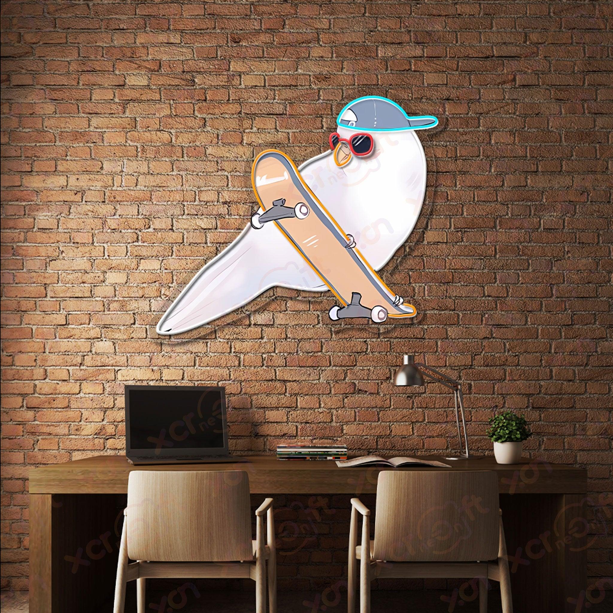 Neon wall art quirky parrot riding a skateboard