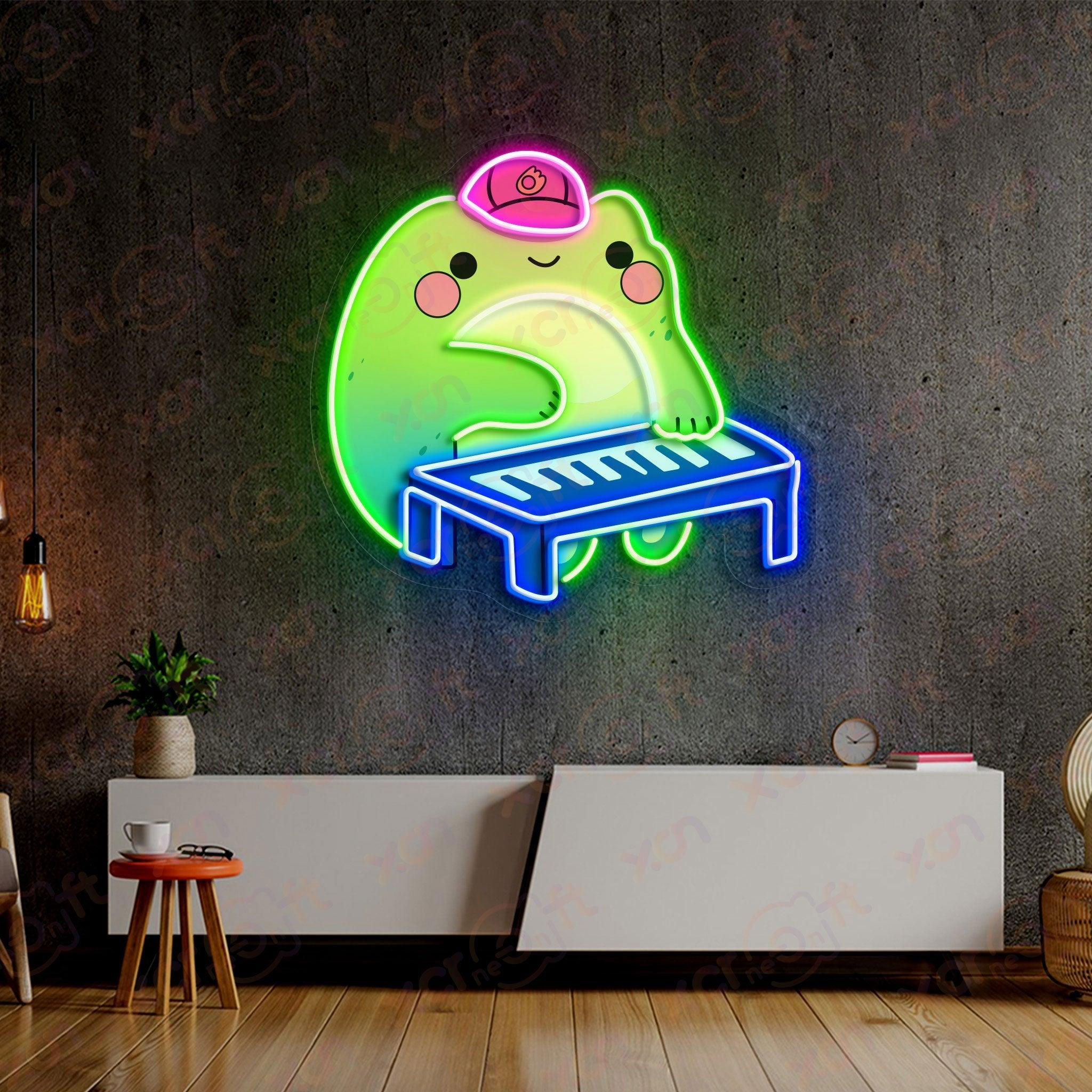 Neon light musical frog with keyboard and pink cap