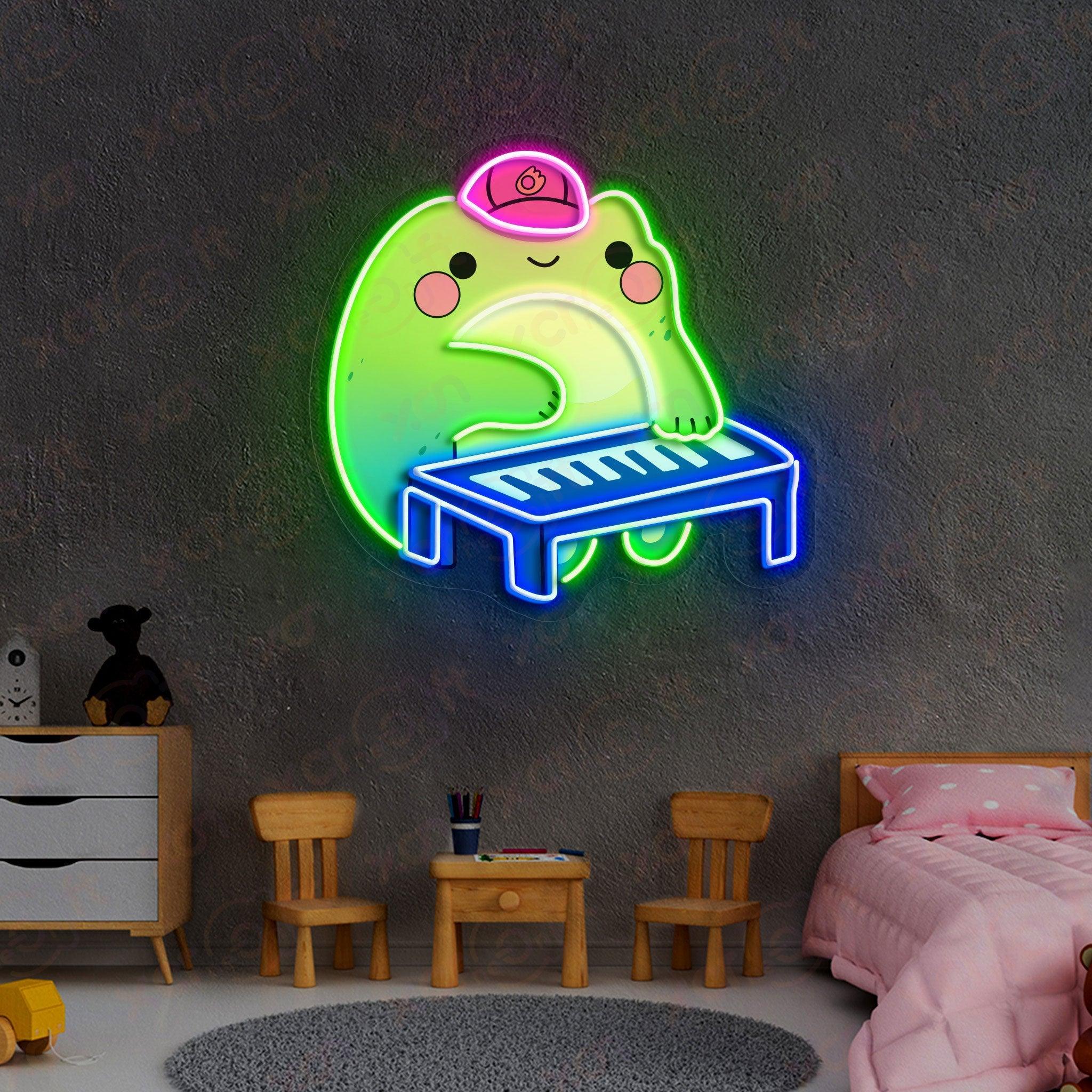 Custom neon sign adorable frog jamming on a keyboard