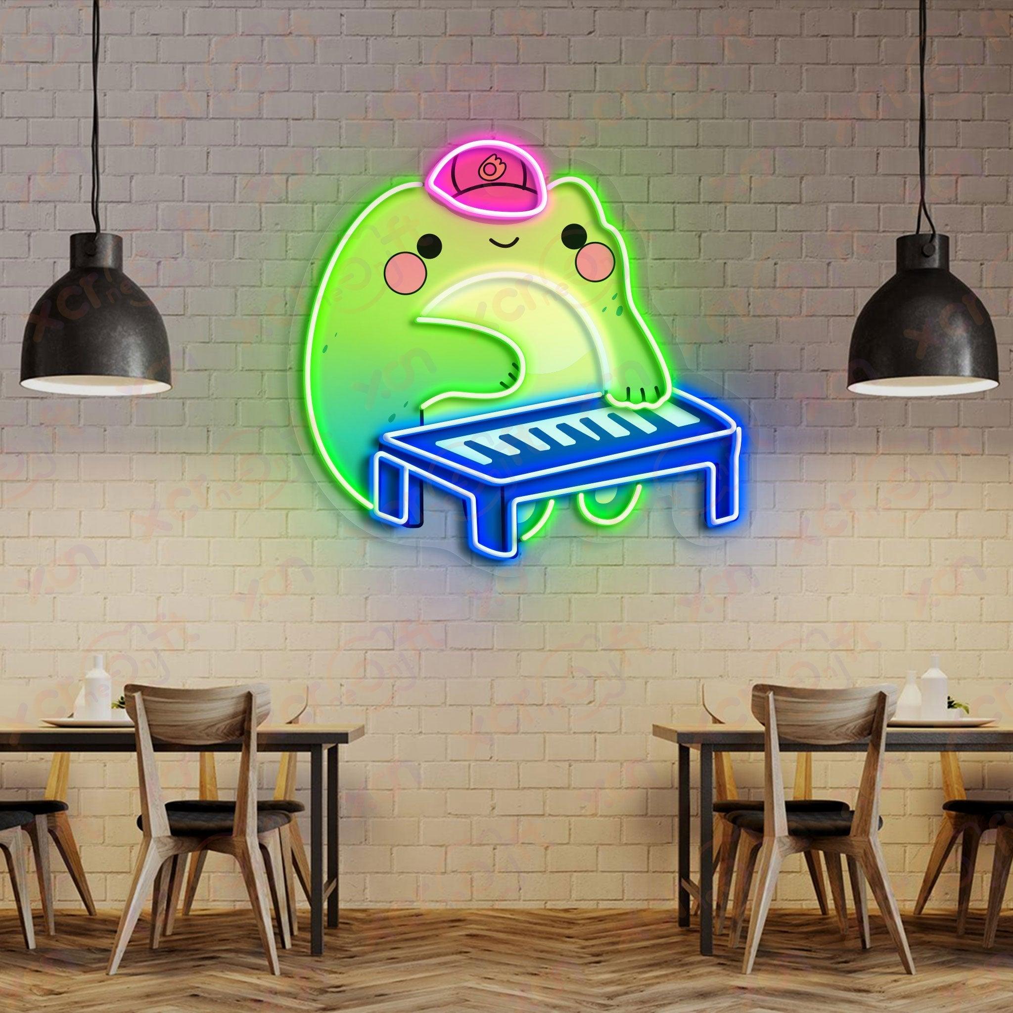 UV neon sign cute frog playing keyboard wearing hat