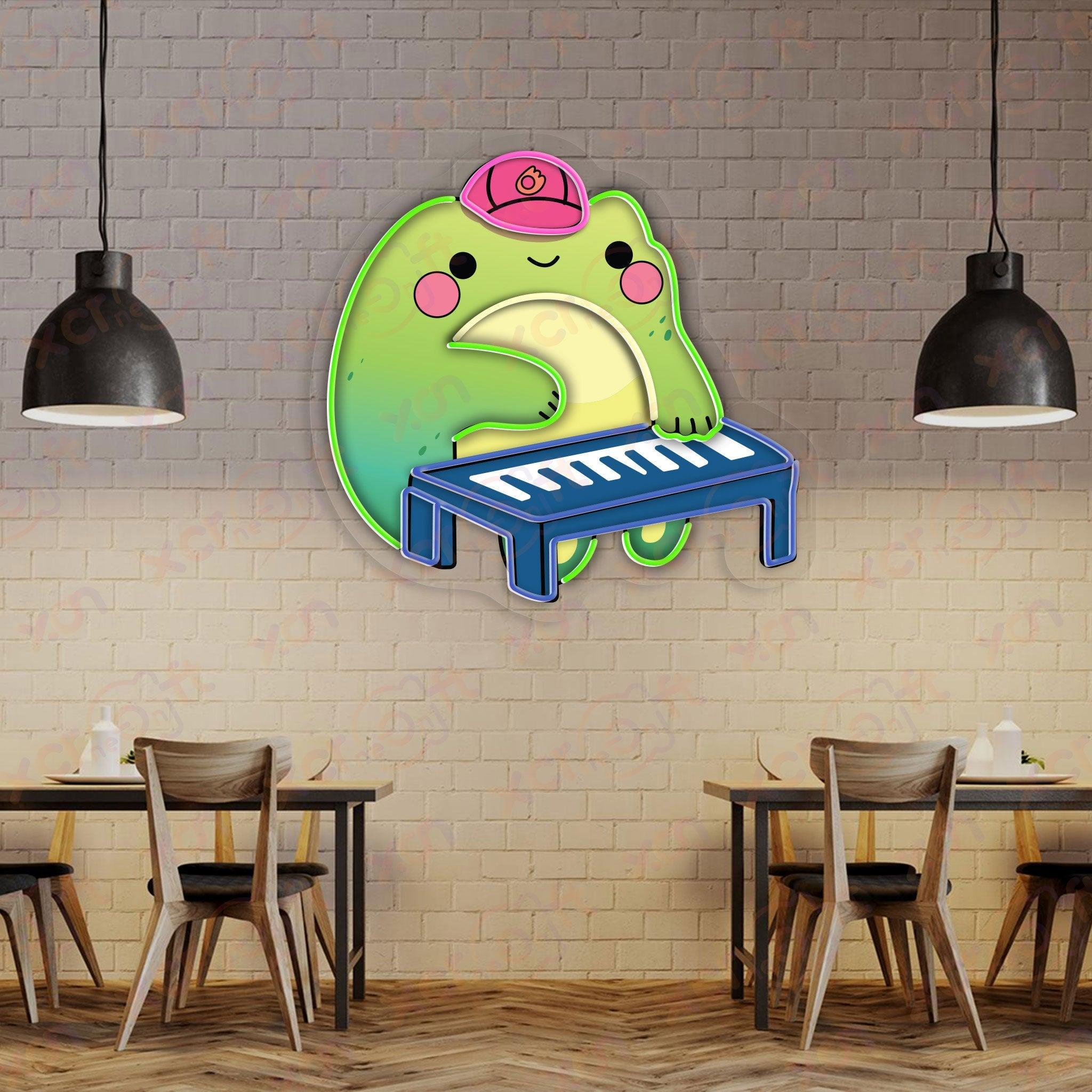 Neon wall art whimsical frog playing music in a cap