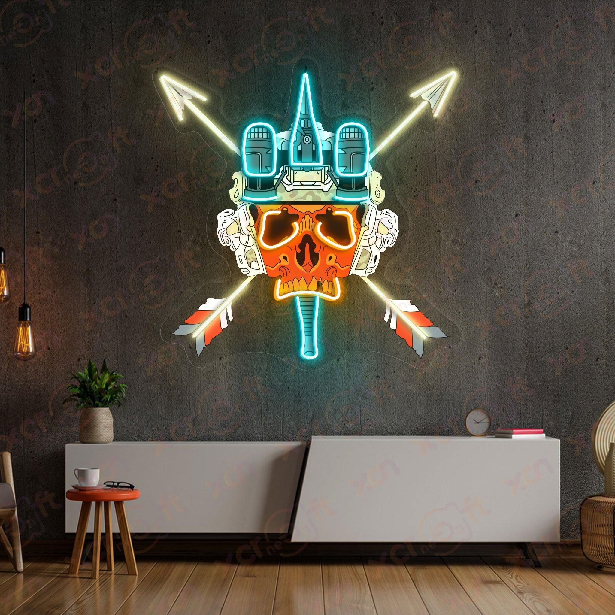 UV neon sign tactical skull with helmet and arrows