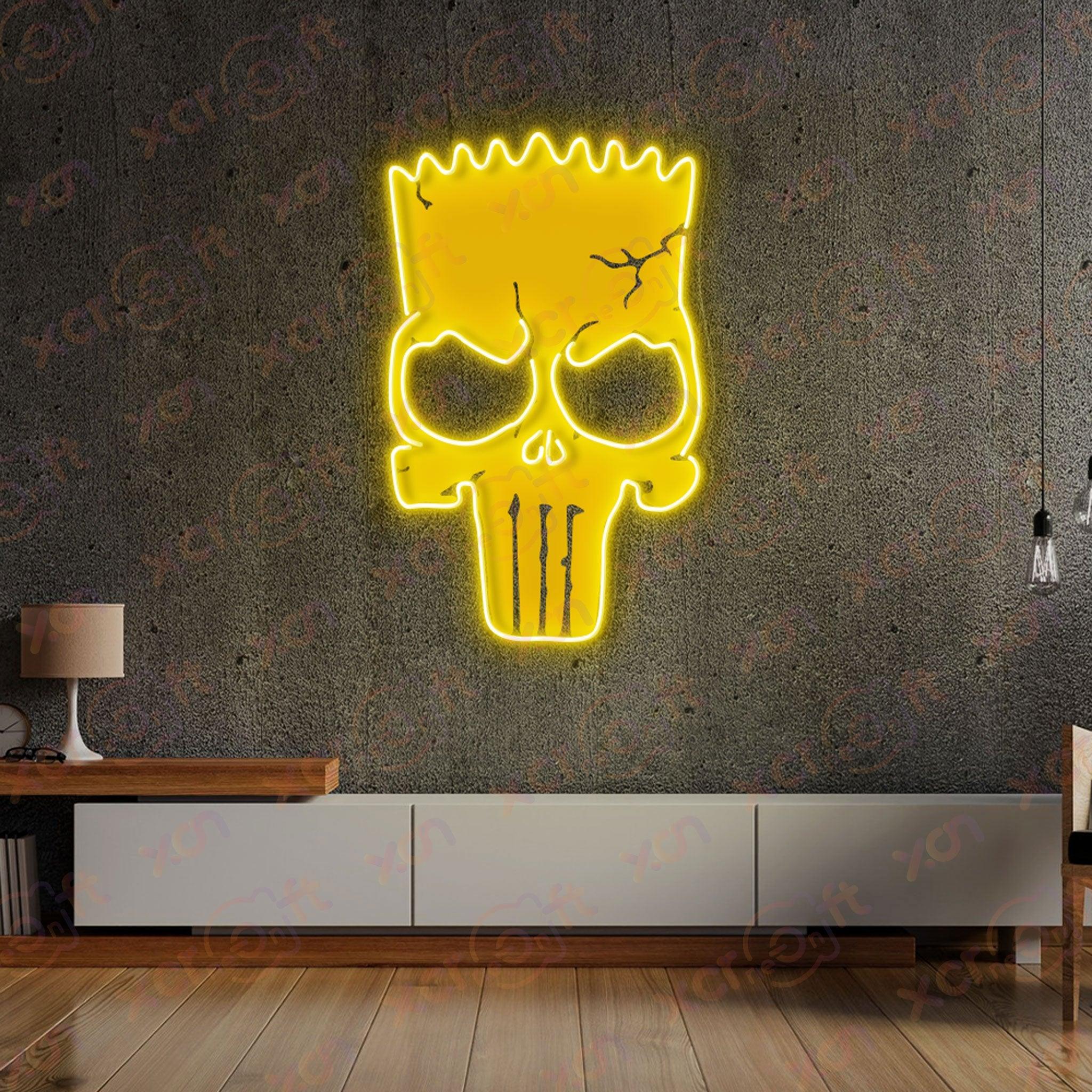 Custom neon sign Bart Simpson as a skull with angry expression.