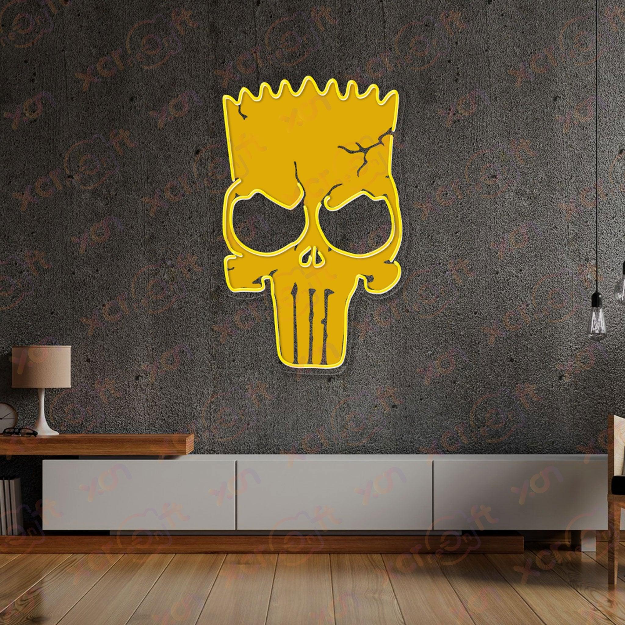 Neon wall art cartoon skull with iconic hairstyle.