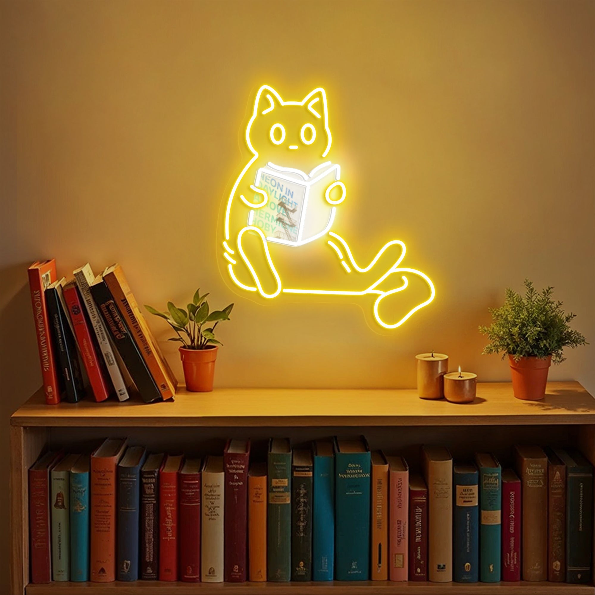 Cat Reading Custom Book Name Neon Sig