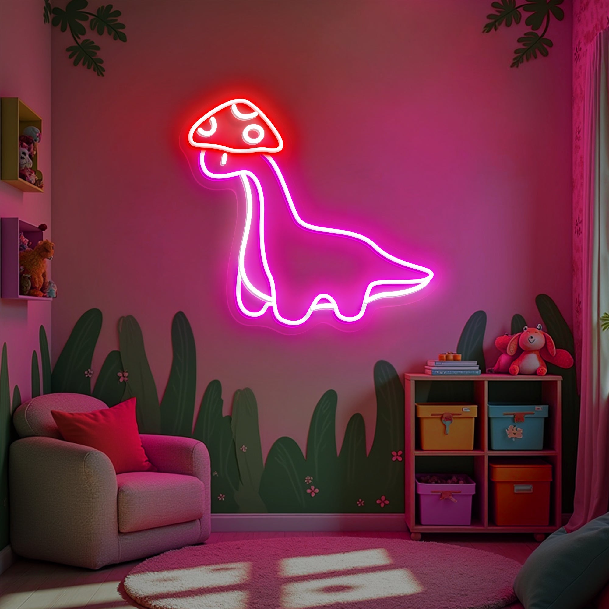 Dinosaur Neon Sign with Mushroom Hat