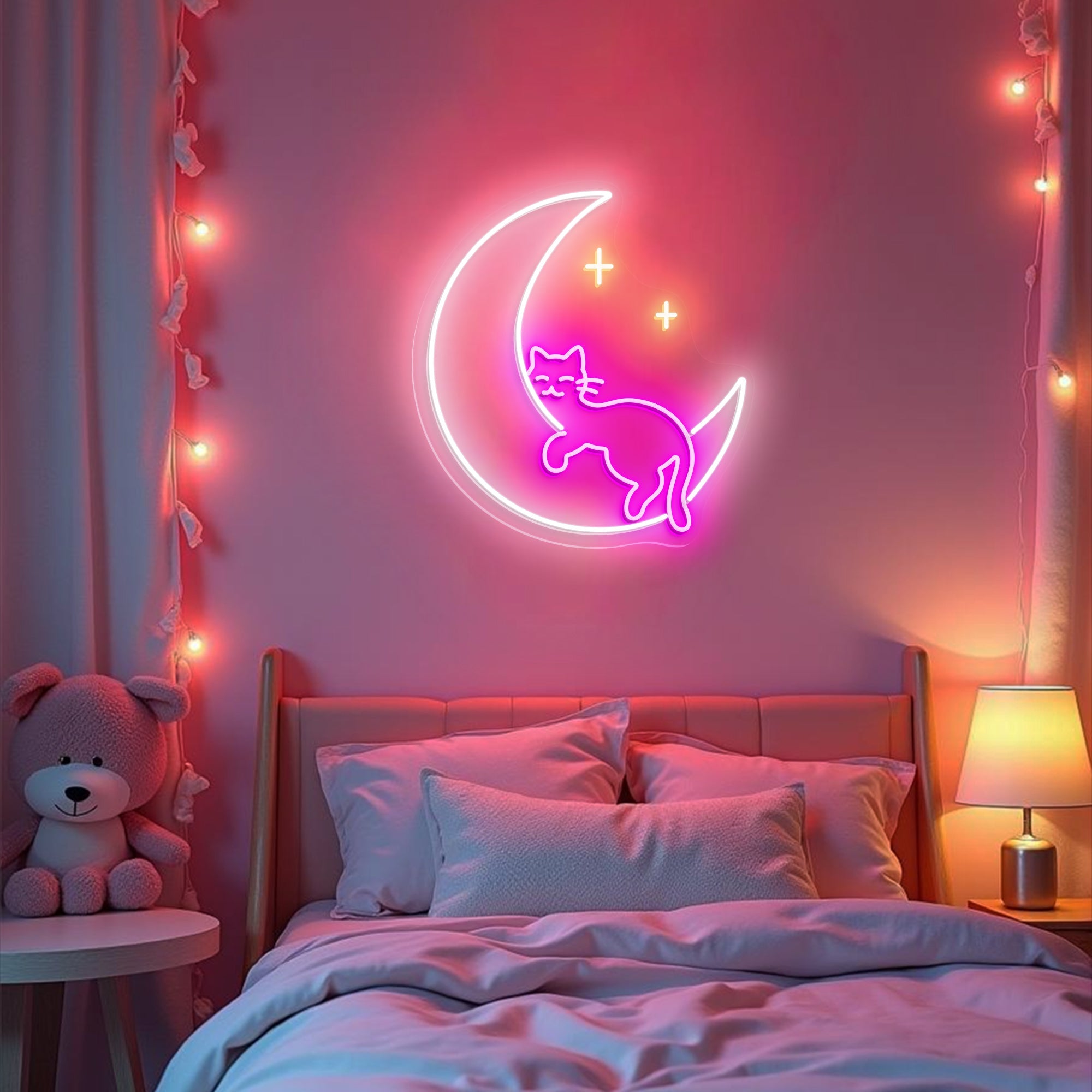 Moon Sleeping Cat Neon Sign