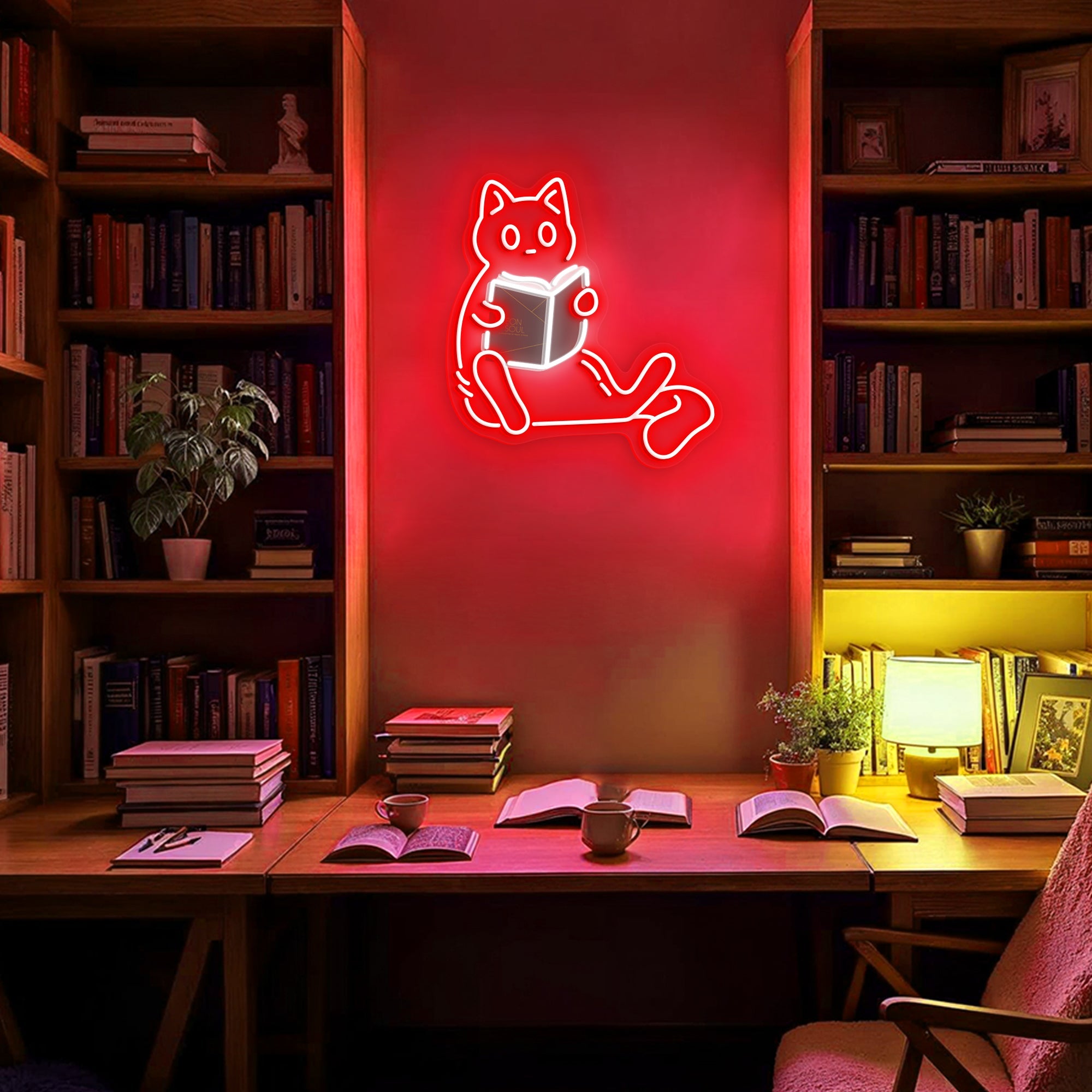 Cat Reading Custom Book Name Neon Sig