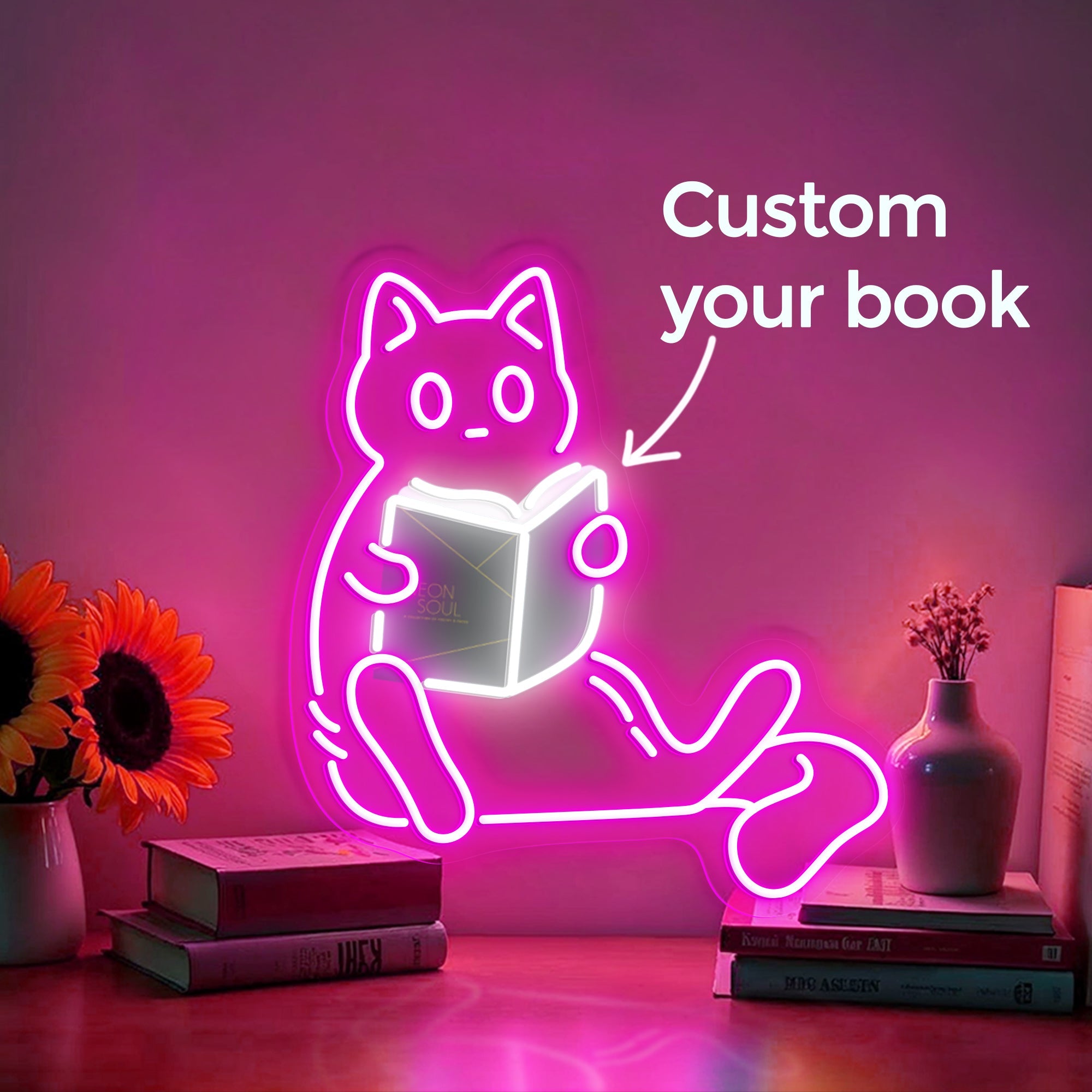 Cat Reading Custom Book Name Neon Sig