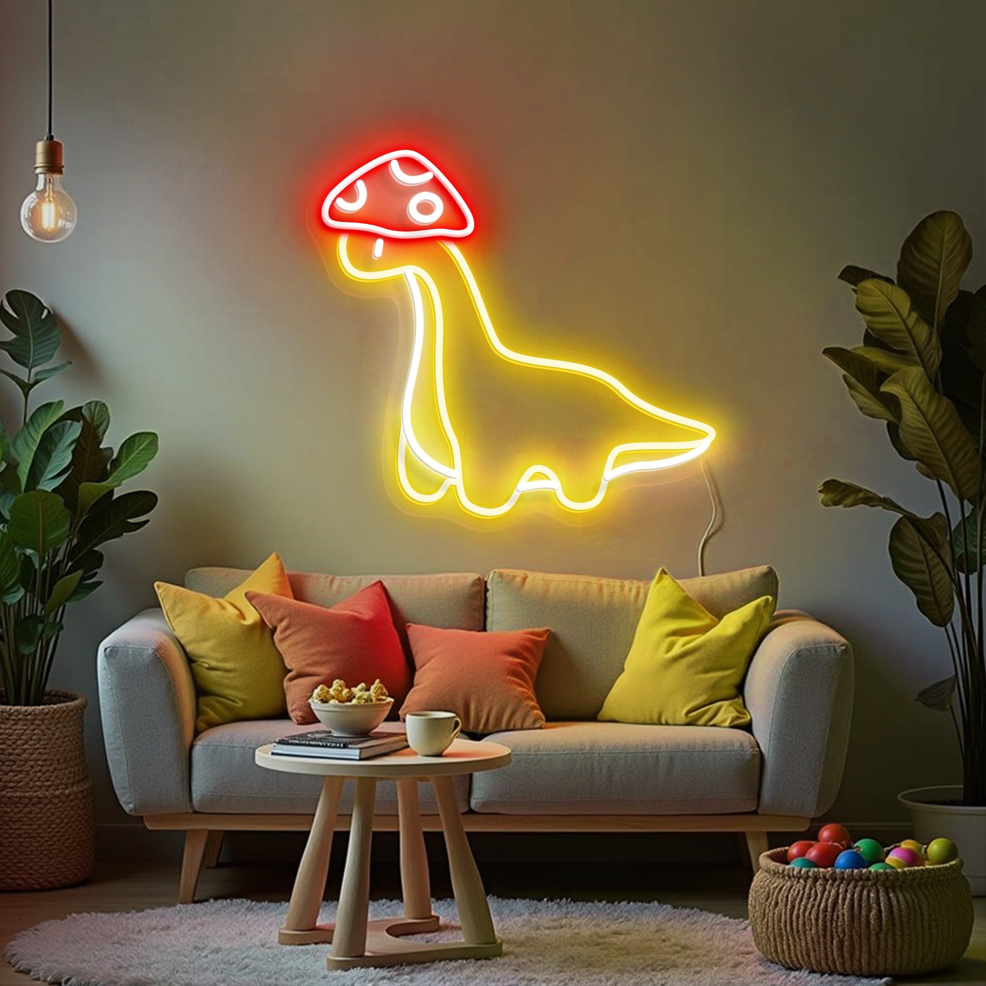 Dinosaur Neon Sign with Mushroom Hat