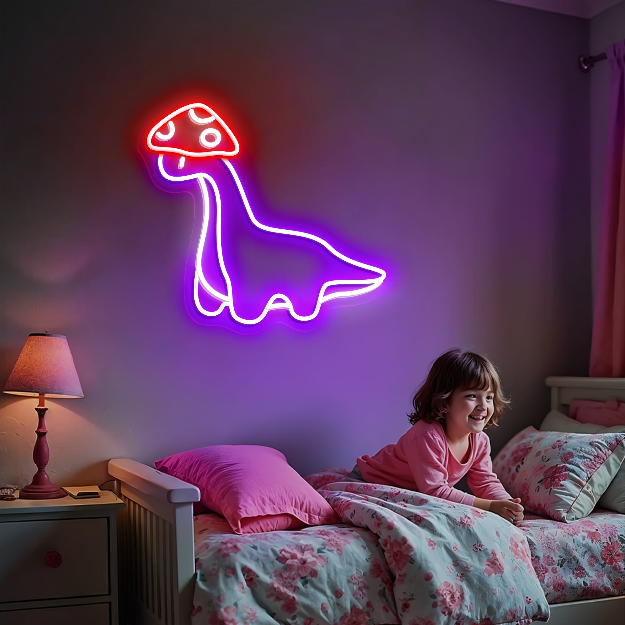 Dinosaur Neon Sign with Mushroom Hat