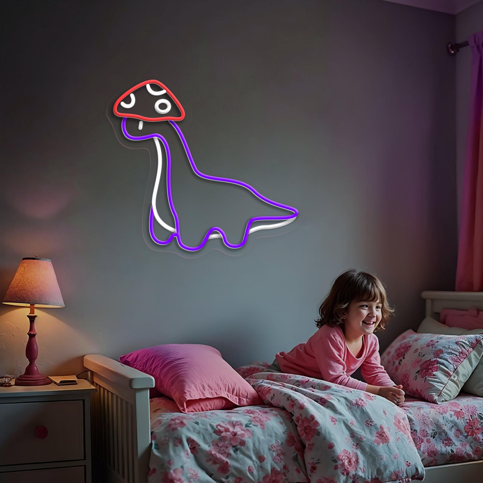 Dinosaur Neon Sign with Mushroom Hat