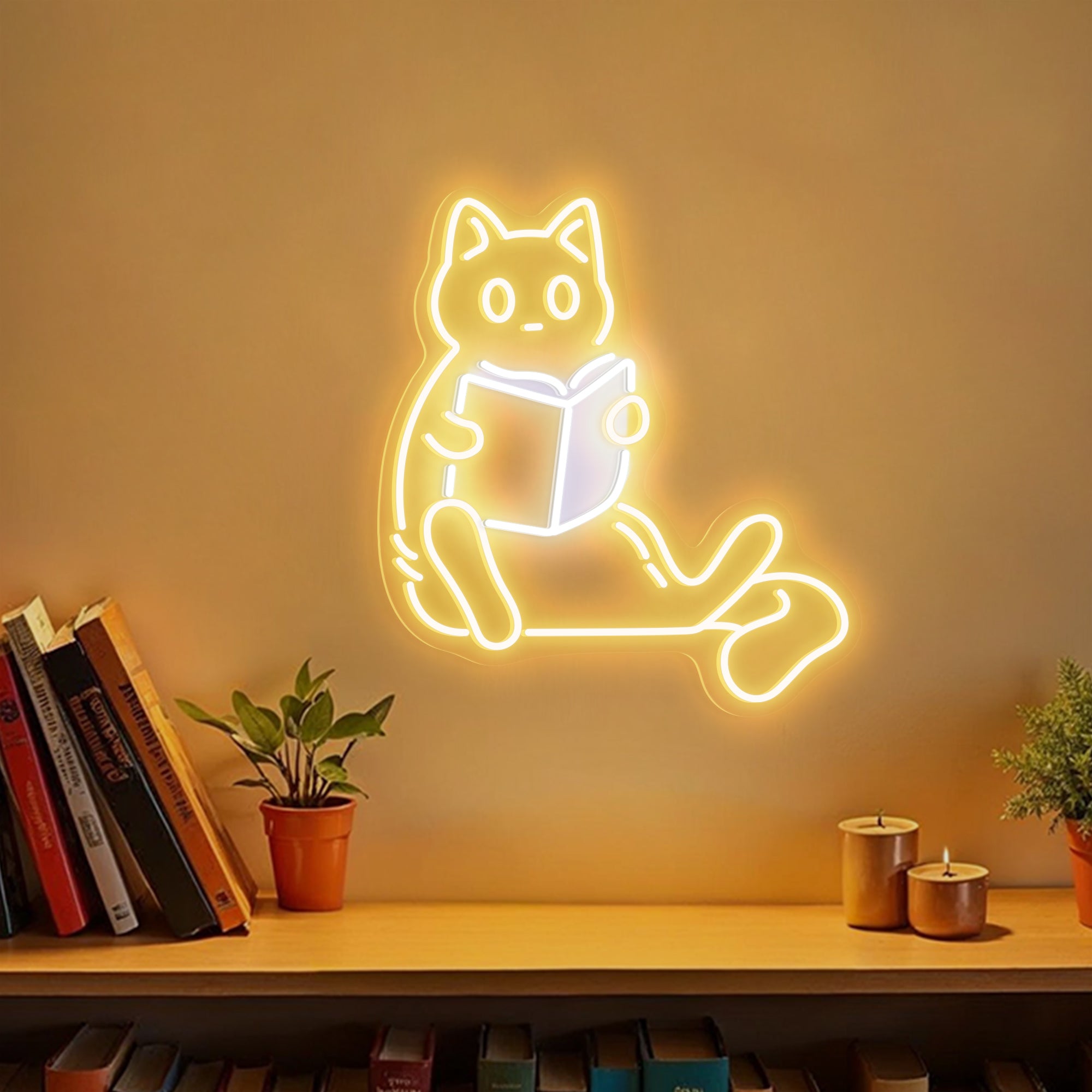 Cat Reading Custom Book Name Neon Sign