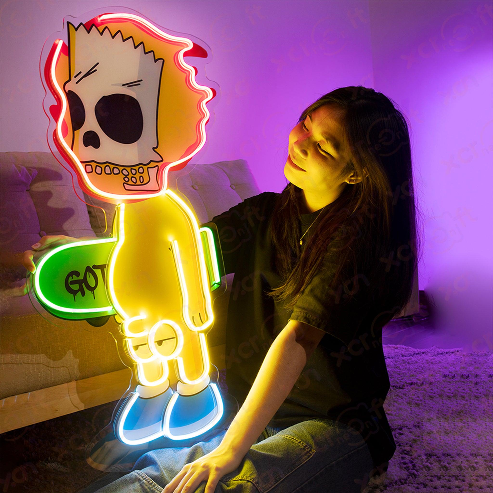 Yellow Cartoon Skate Skull Neon Wall Art Decor for Halloween